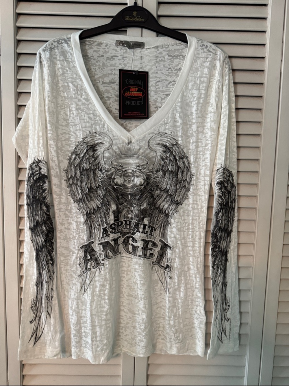 Asphalt Angel Women's White Long Sleeve V-Neck Graphic Tee